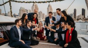 A group of diverse colleagues dressed in business-casual holiday attire gathered on the deck of a luxury catamaran, raising glasses for a toast. Holiday string lights frame the scene while the San Diego skyline sparkles in the background. The atmosphere feels warm, inclusive, and joyful, highlighting the yacht as a unique venue for corporate team bonding and holiday celebrations.