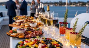 A close-up of a festive holiday catering spread on the deck of a luxury yacht. Gourmet hors d’oeuvres, charcuterie boards, and colorful Mediterranean platters are arranged on elegant trays. Champagne flutes, wine glasses, and festive holiday cocktails with garnishes (cranberries, rosemary sprigs) sit on a bar table decorated with twinkling holiday lights. The blurred background shows guests mingling on the yacht with San Diego Bay behind them.
