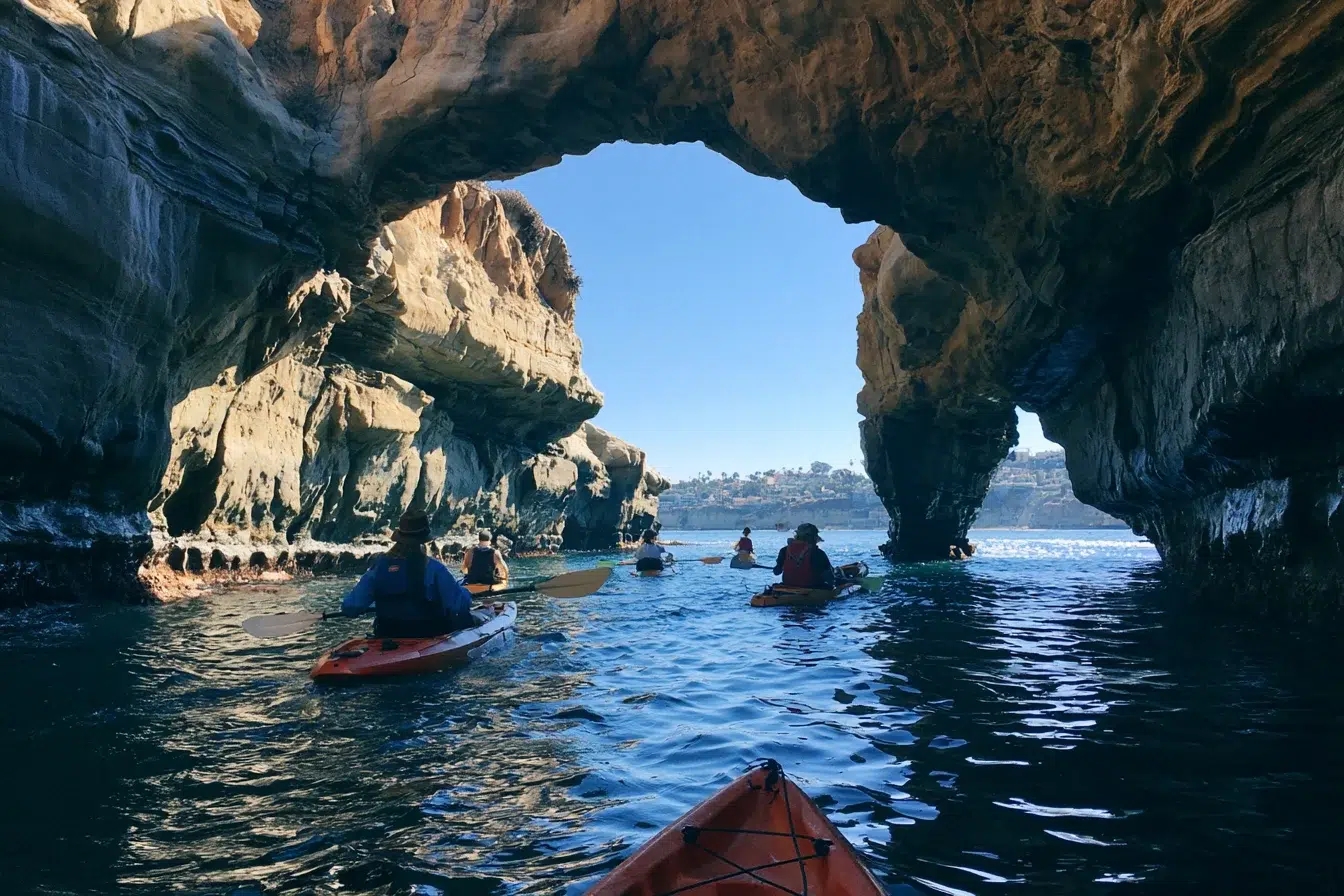 Family kayaking the La Jolla Sea Caves, one of the best San Diego Water Activities for the Family